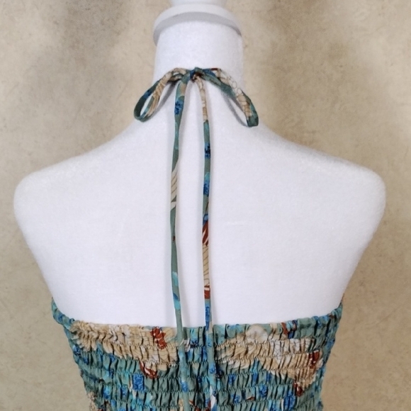 04099 Raga aqua, tan & rust bird print tiered satin strapless maxi dress M - Picture 9 of 14